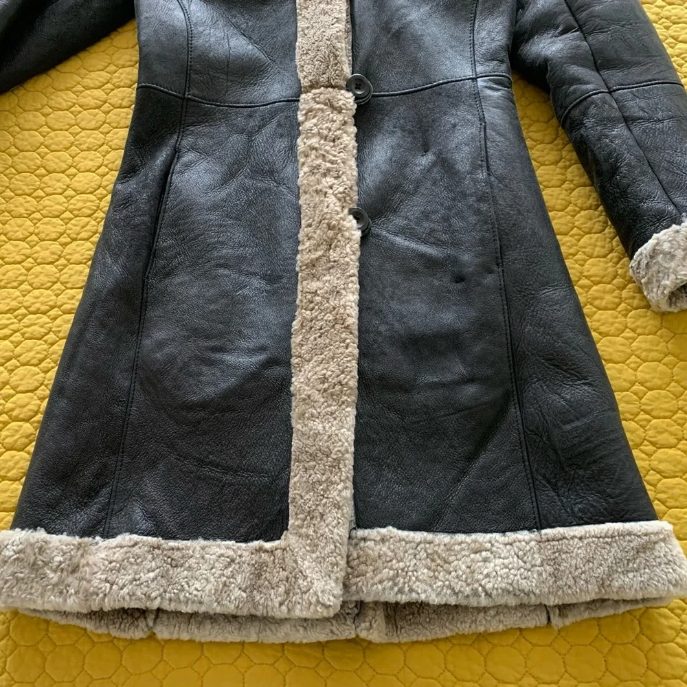 BOD & CHRISTENSEN Black Leather & Shearling Knee Length Coat - Picture 9 of 16